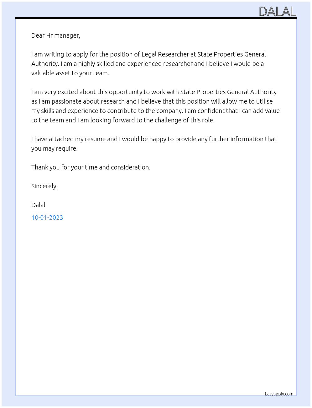 Legal Researcher At State Properties General Authority Cover Letter