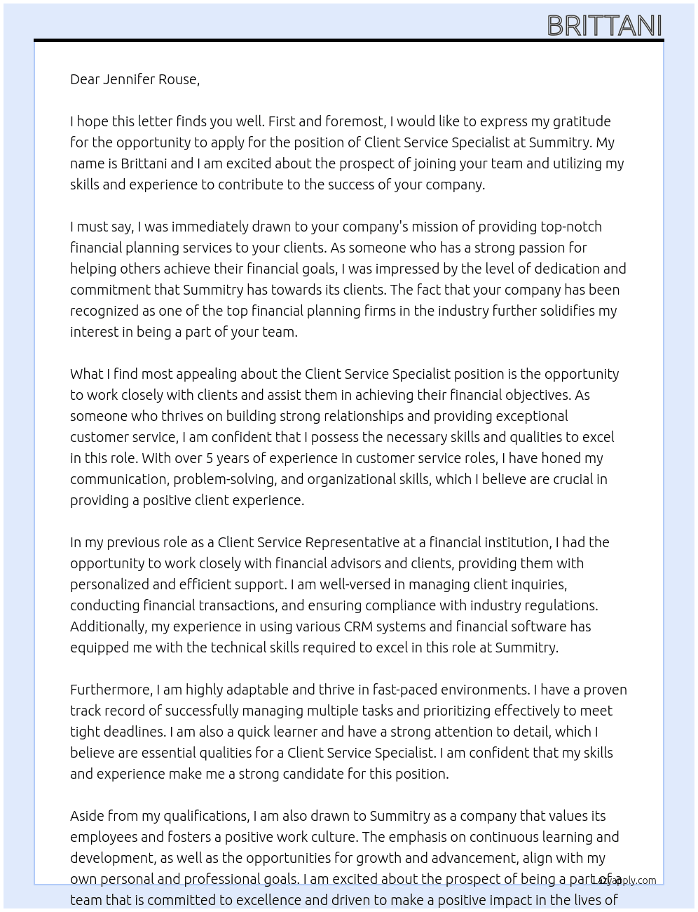 Client Service Specialist At Summitry Cover Letter