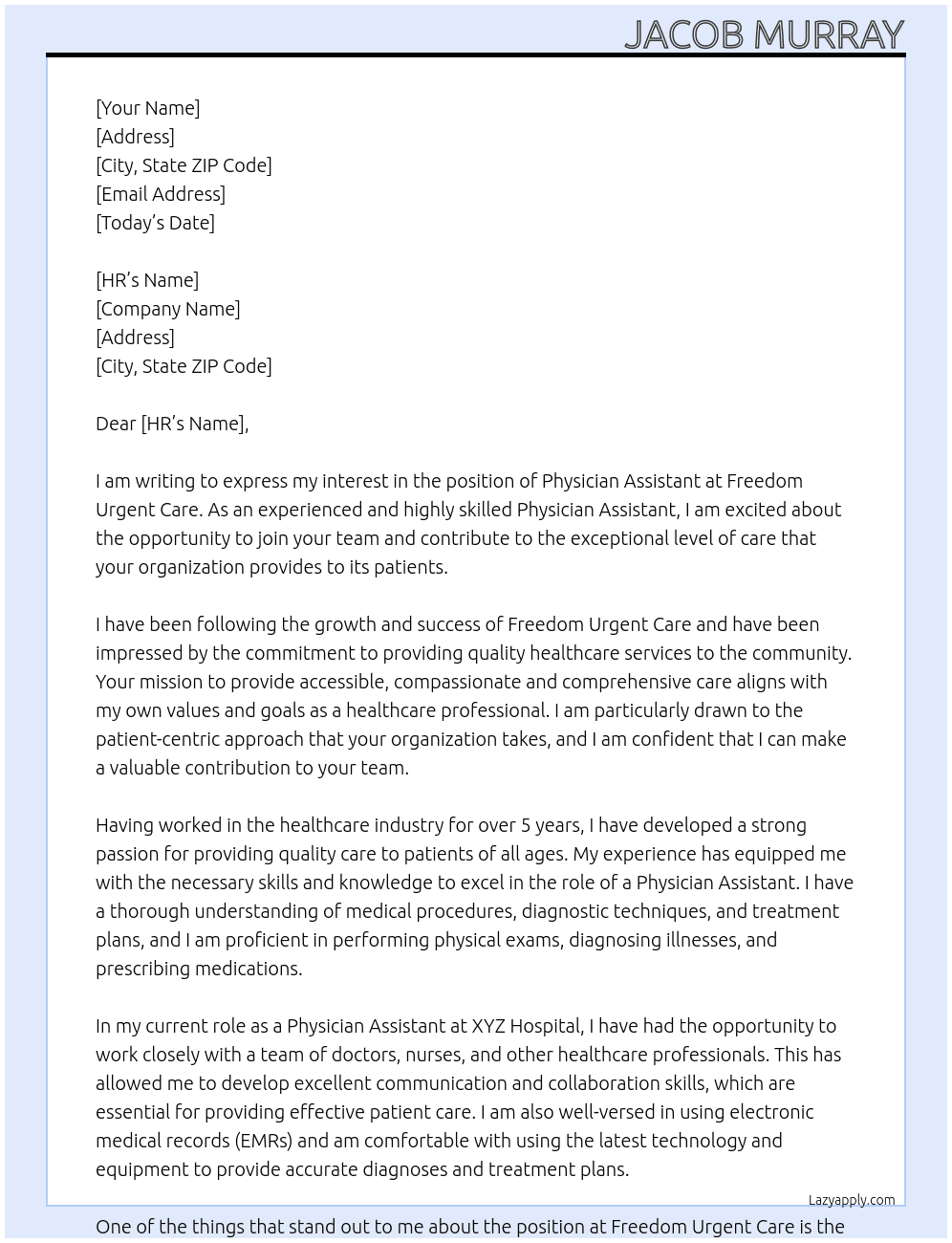 Physician Assistant At Freedom Urgent Care Cover Letter
