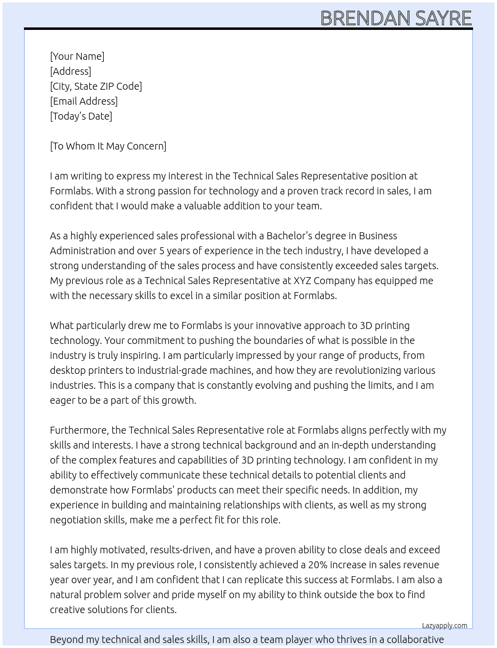 Technical Sales Representative At Formlabs Cover Letter