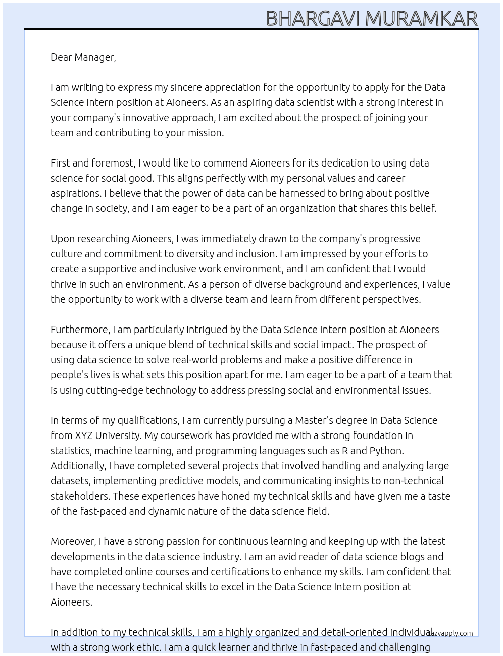 Data science Intern At aioneers Cover Letter