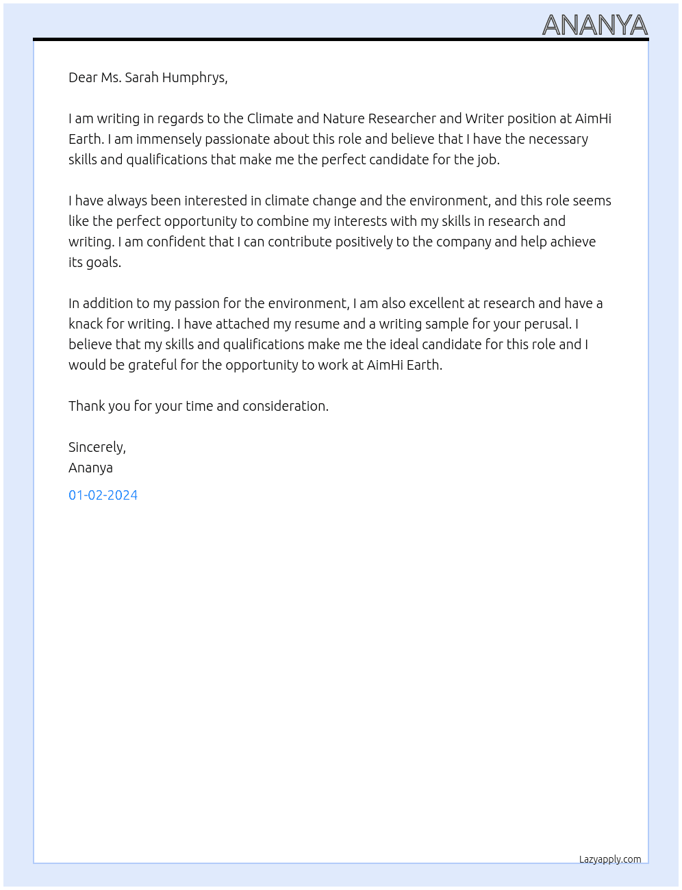 Climate and Nature Researcher and Writer  At AimHi Earth Cover Letter