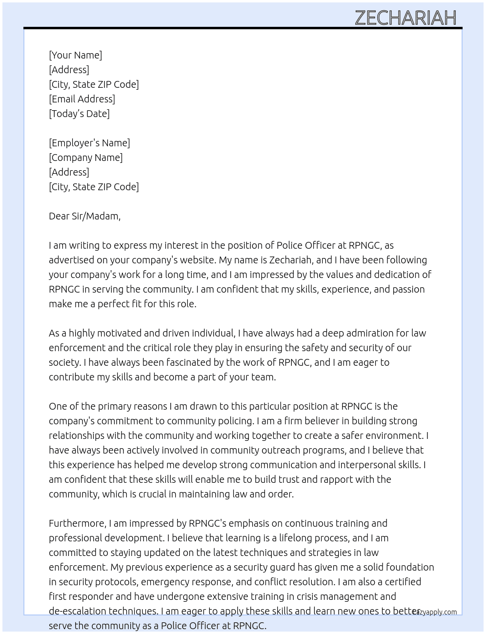 Police Officer  At RPNGC Cover Letter