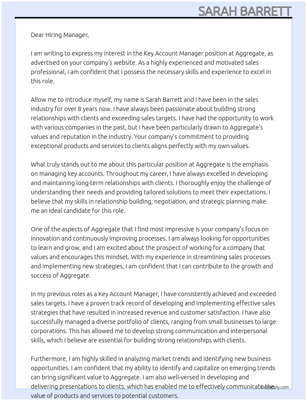 key account manager At aggregate Cover Letter