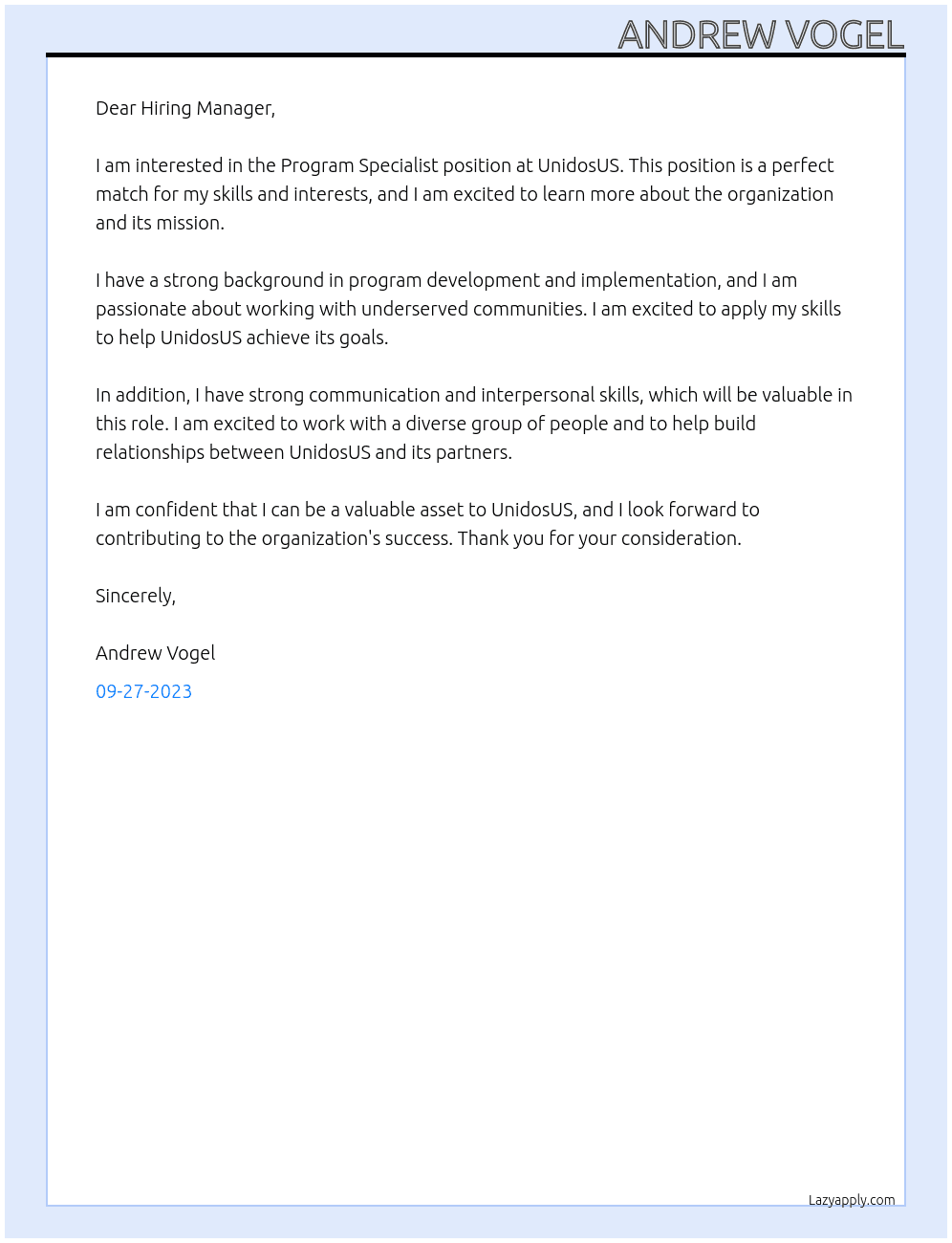 Program Specialist At UnidosUS Cover Letter