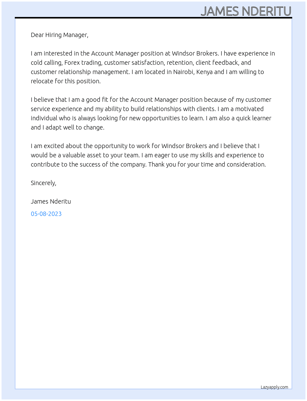 Account Manager At Windsor Brokers Cover Letter