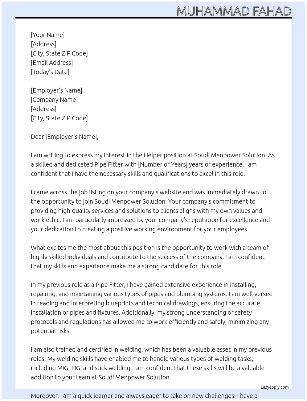 Helper At Soudi menpower solution smasco.co Cover Letter