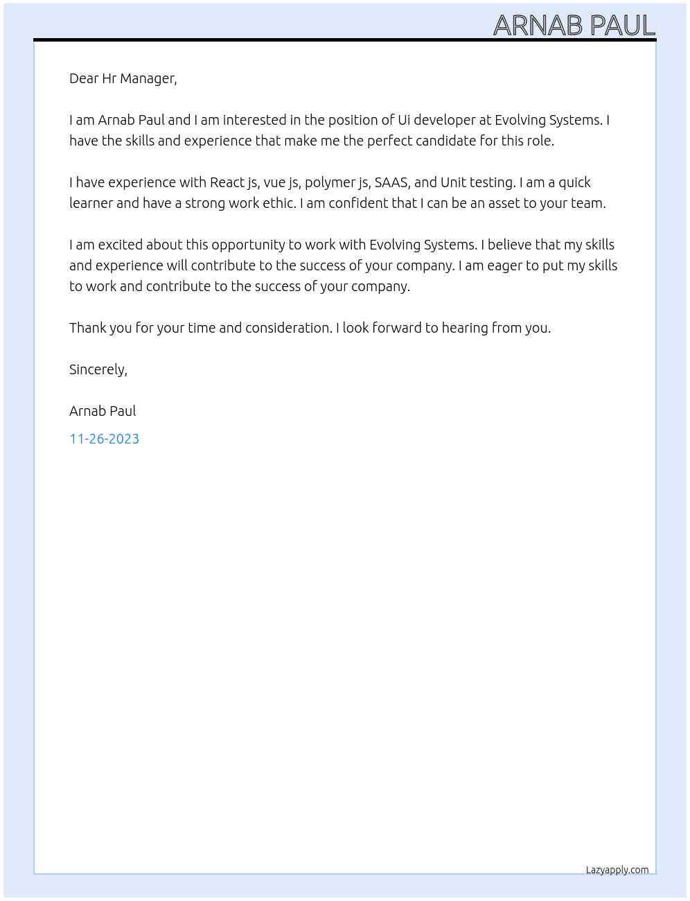 Ui developer At Evolving systems Cover Letter