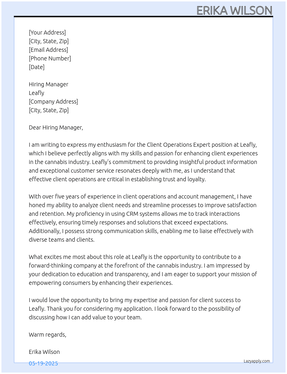 Cover letter for client operations expert - LazyApply