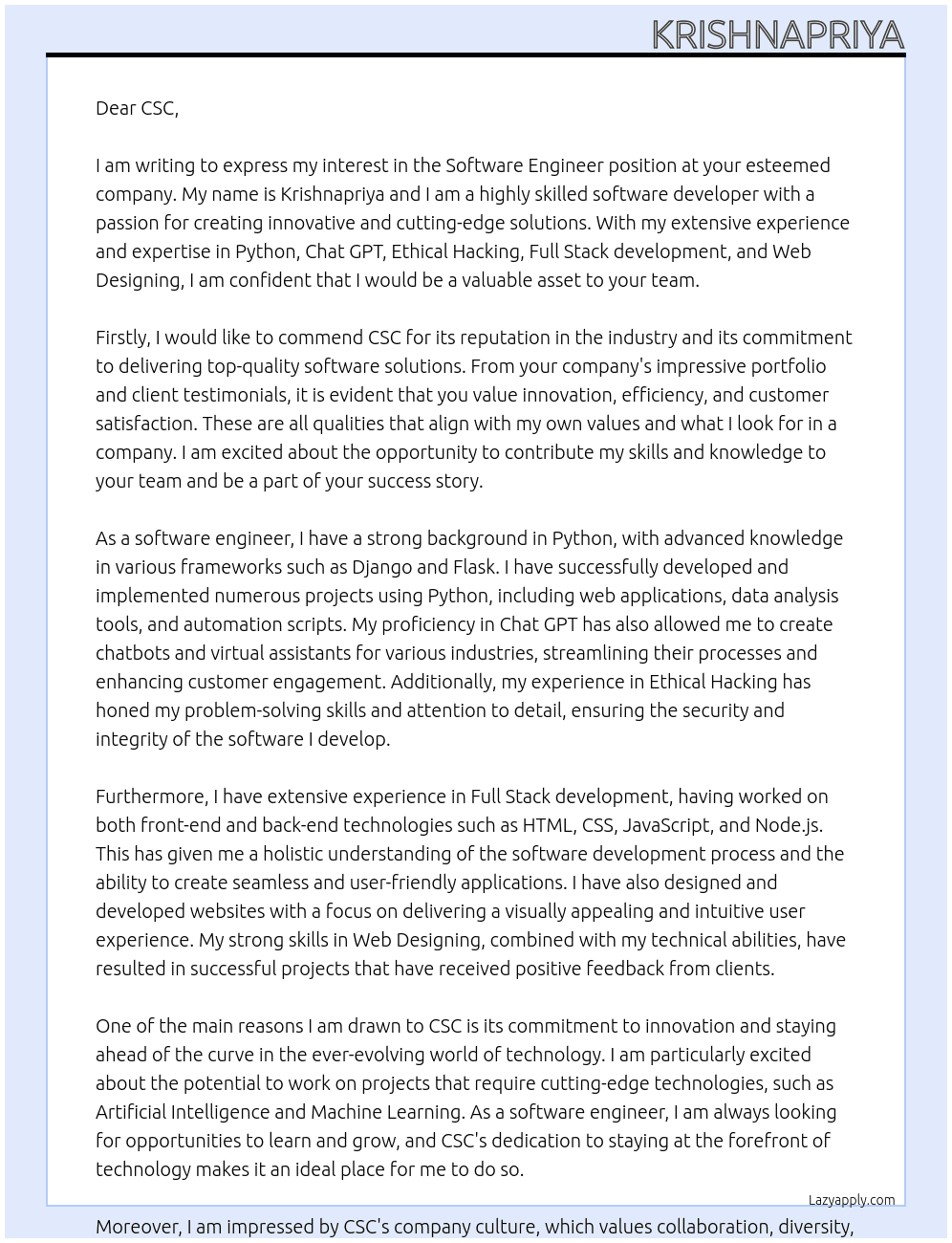 Software Engineer At CSC Cover Letter