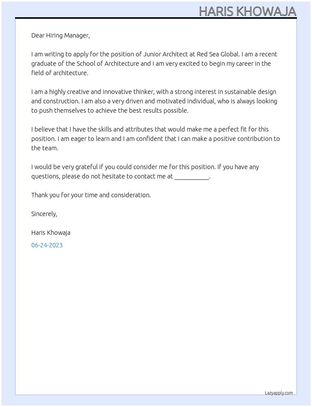 Junior Architect At Red sea global Cover Letter