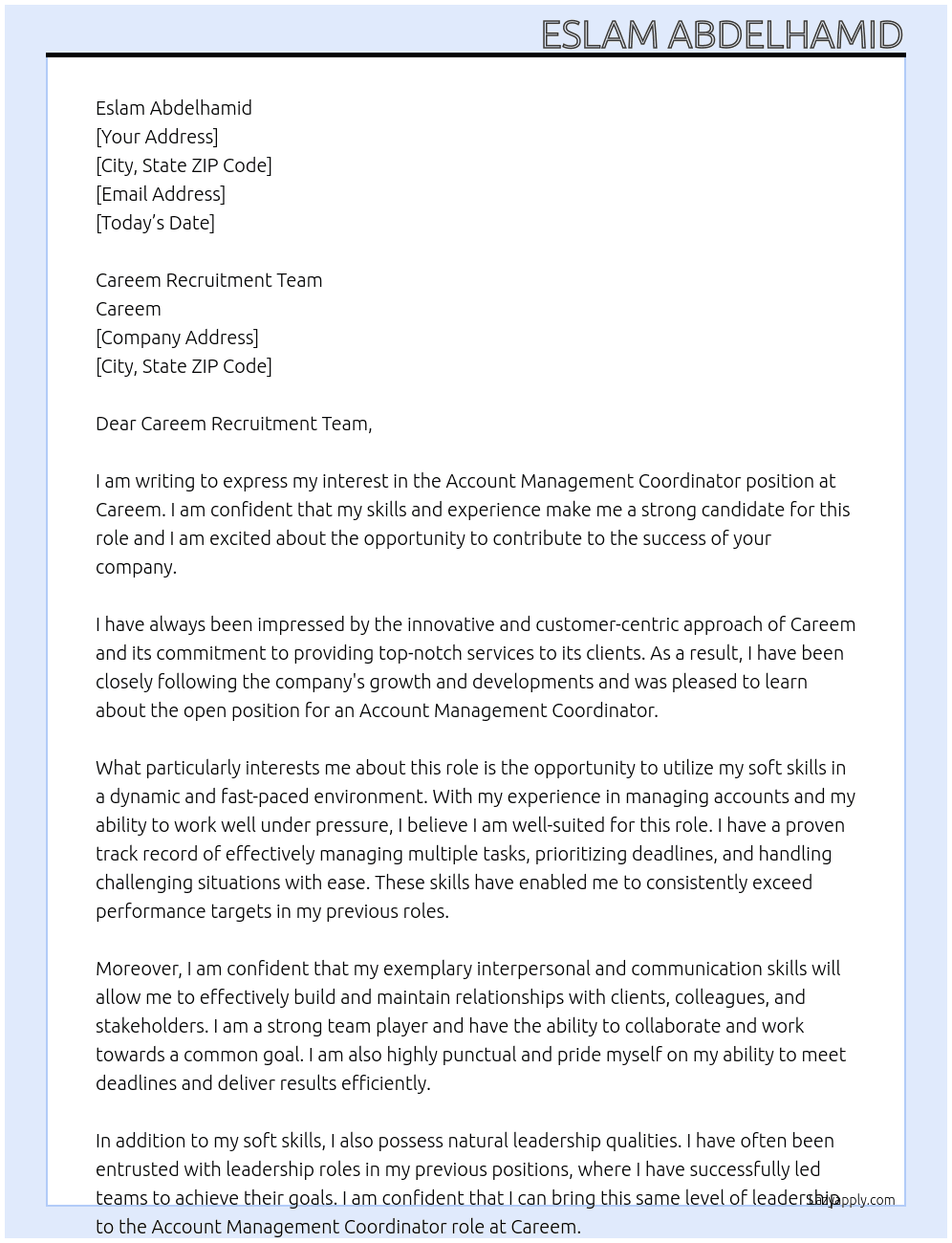 Account management coordinator  At Careem Cover Letter