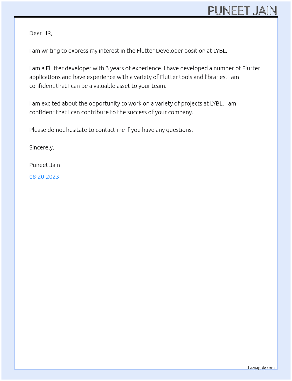 flutter developer At LYBL Cover Letter