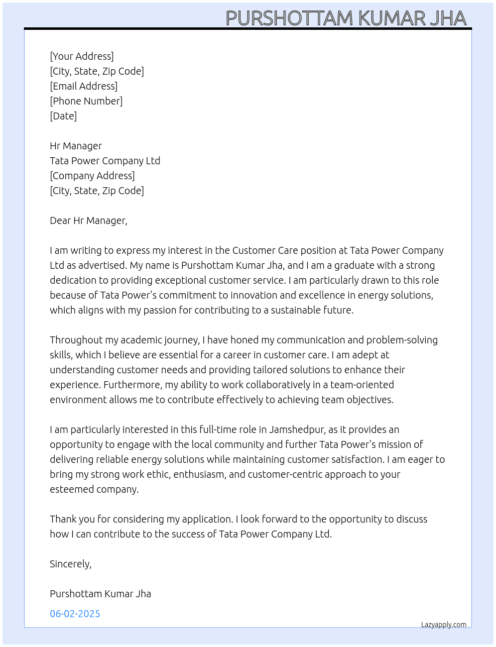 Customer care  At Tata power company ltd Cover Letter