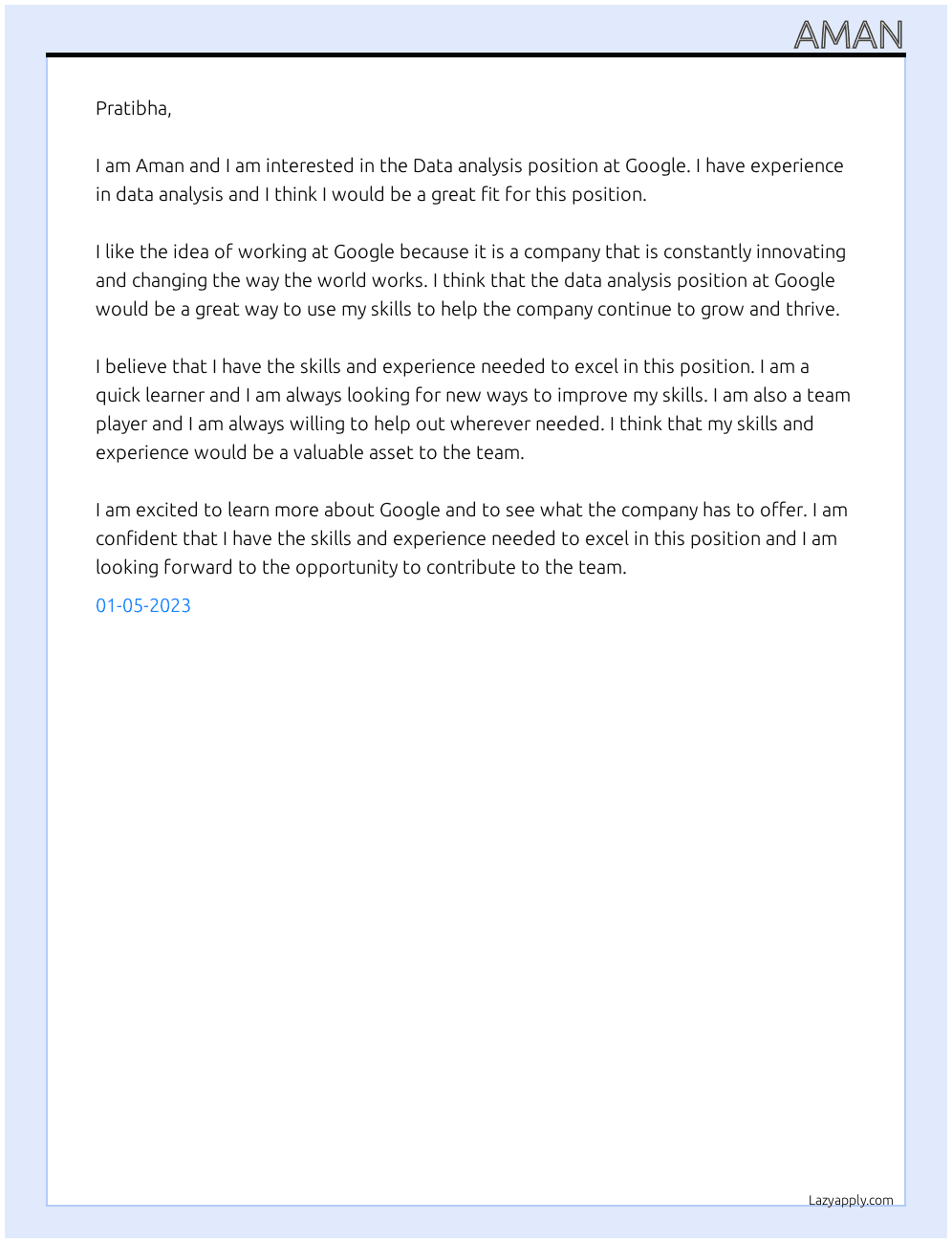 Data analysis  At Google  Cover Letter