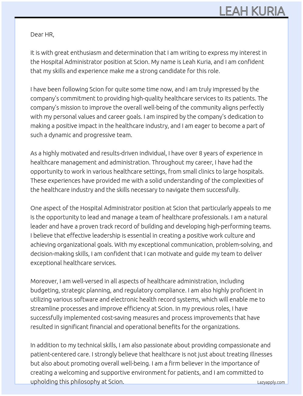 Hospital administrator  At Scion  Cover Letter