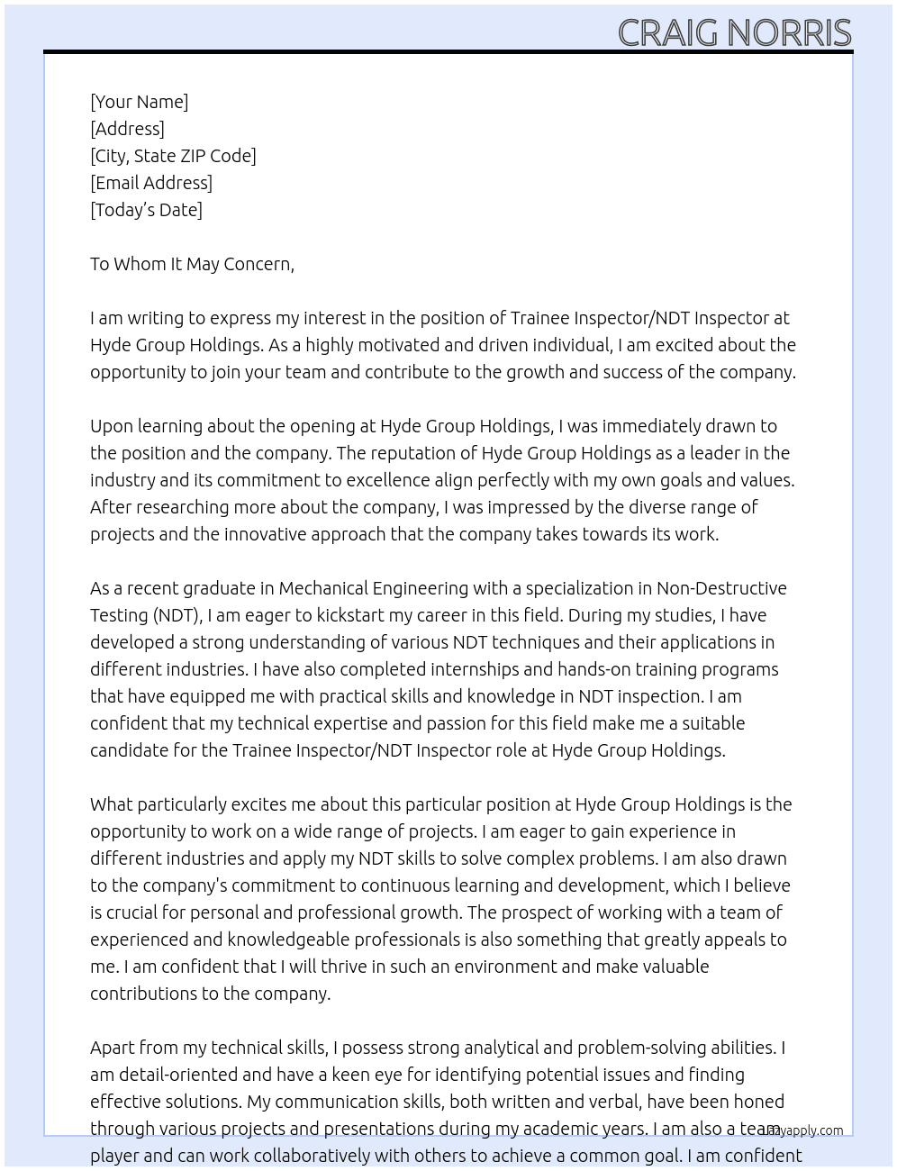 Trainee Inspector/NDT Inspector At Hyde Group Holdings Cover Letter