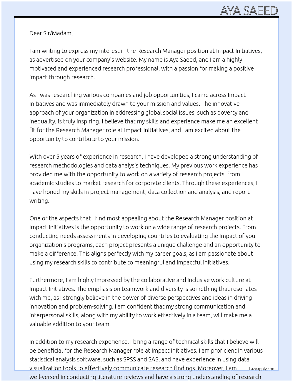 Research Manager At Impact Initatives  Cover Letter
