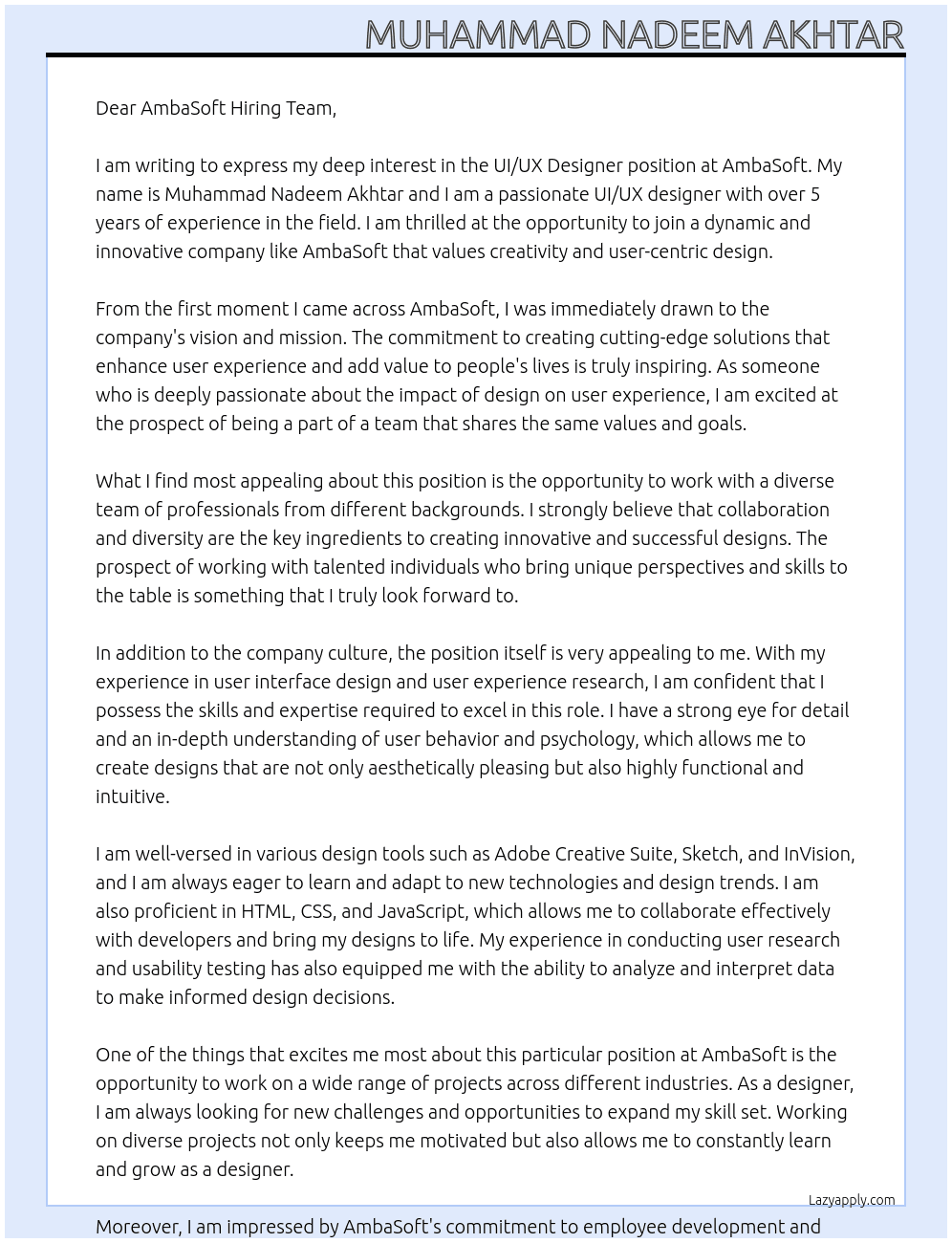 UI UX designer At AmbaSoft Cover Letter