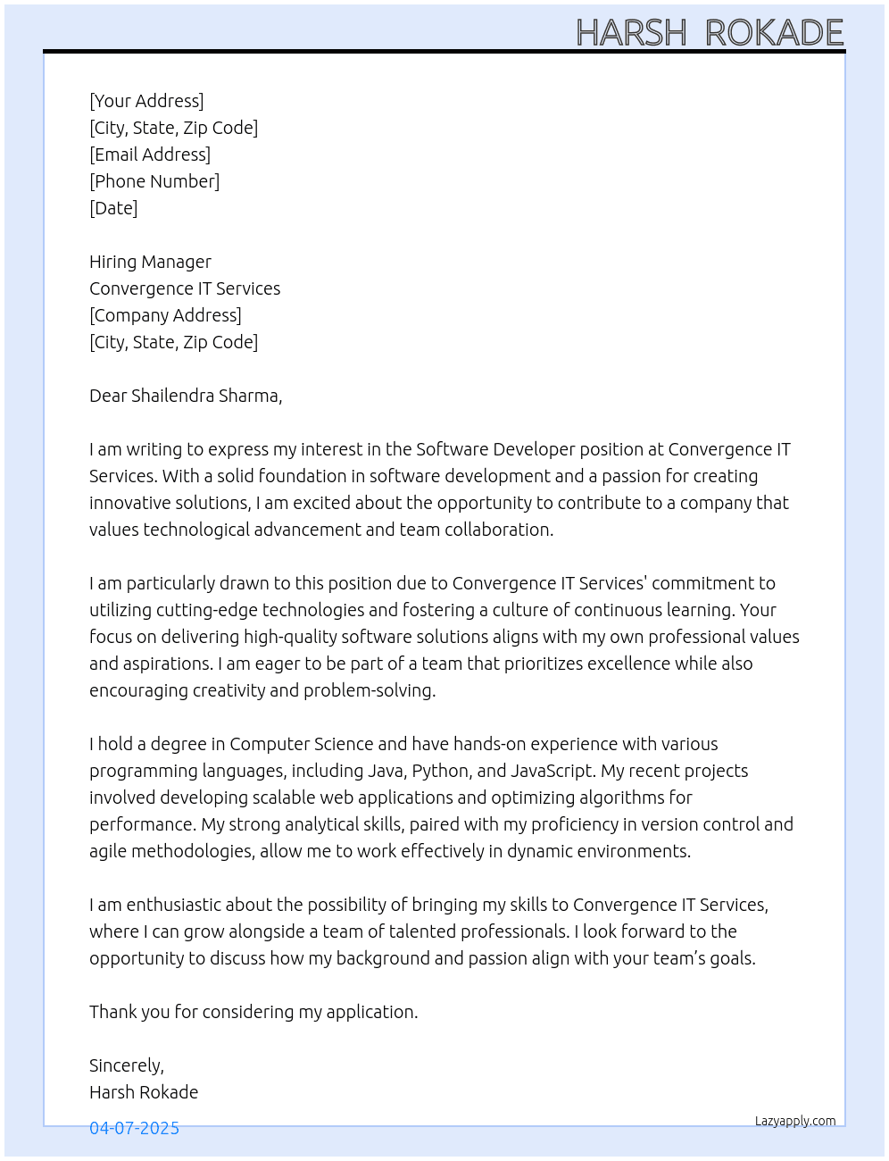 software devloper  At Convergence IT Services Cover Letter