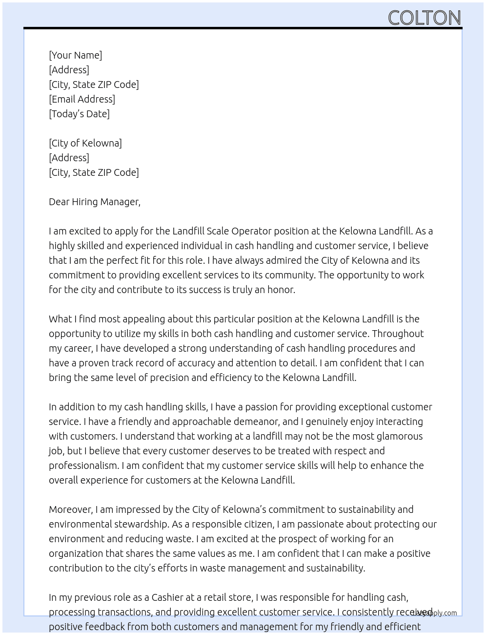 Landfill Scale Operator At Kelowna Landfill Cover Letter