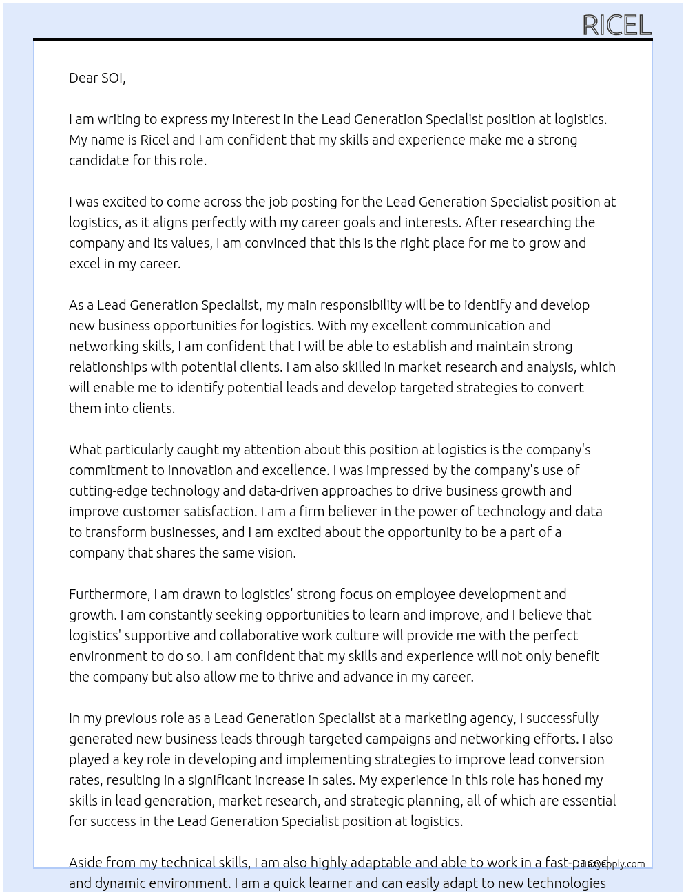 Lead Generation Specialist At logistics  Cover Letter