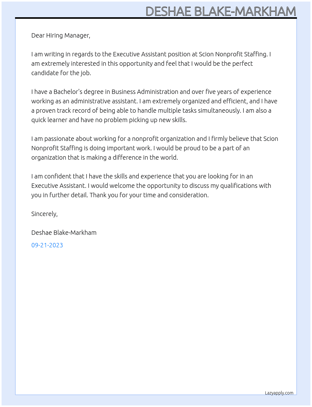 Executive Assistant At Scion Nonprofit Staffing Cover Letter