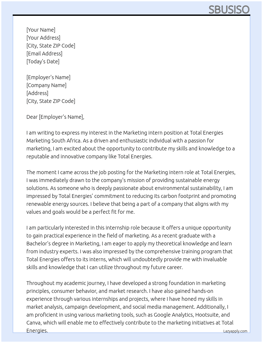 Marketing intern At Total Energies  Cover Letter