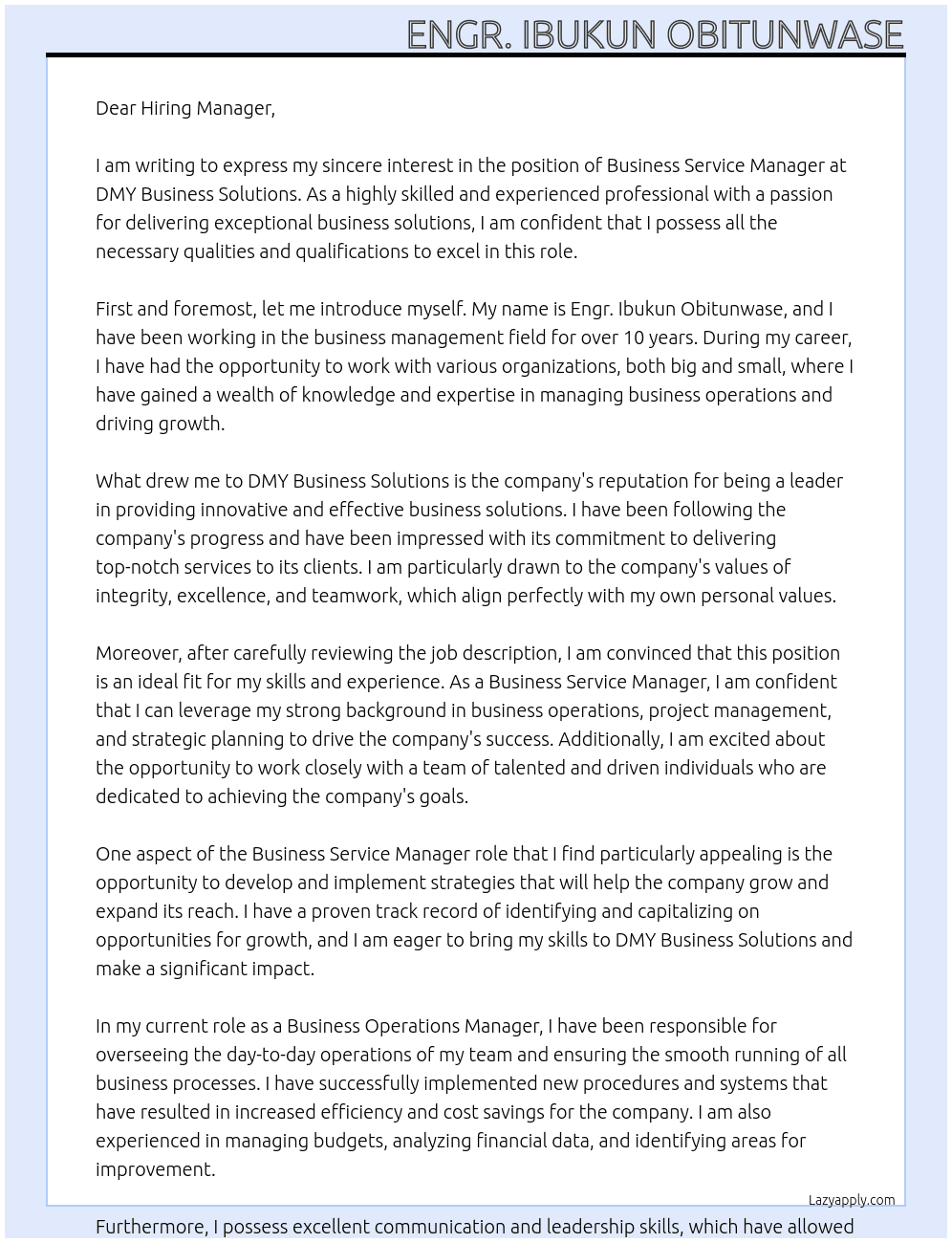 BUSINESS SERVICE MANAGER At DMY BUSINESS SOLUTIONS Cover Letter