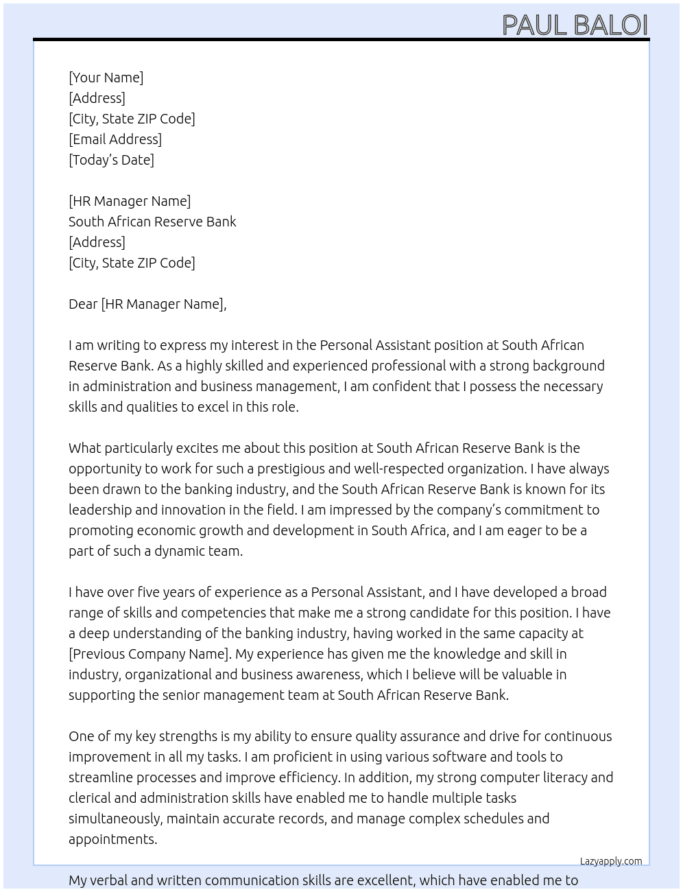 Personal Assistant At South African Reserve Bank Cover Letter