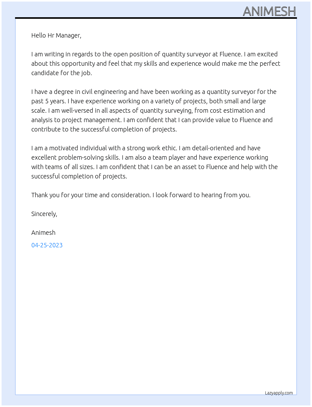 Quantity surveyor At Fluence Cover Letter