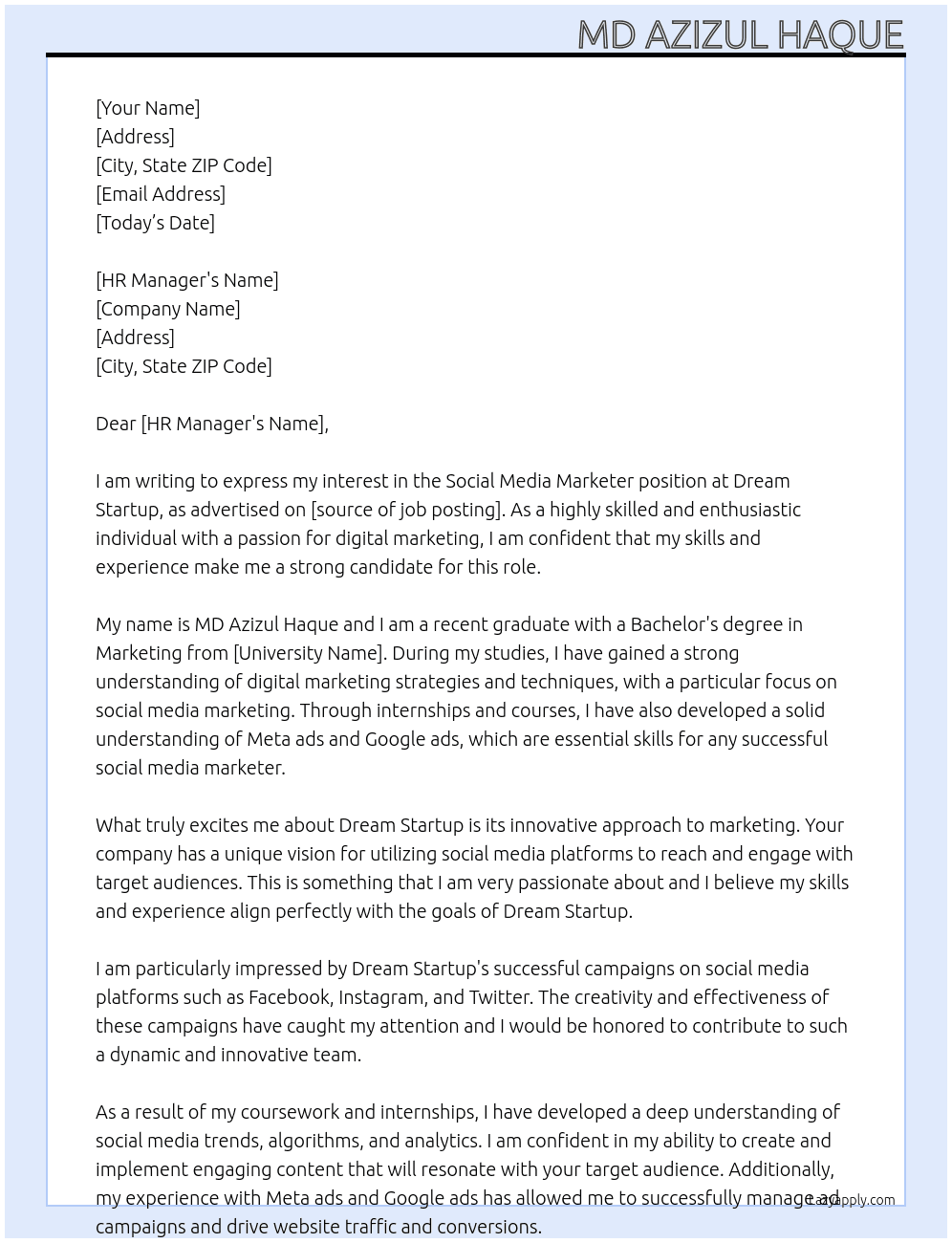 Social media Marketer  At Dream startup  Cover Letter