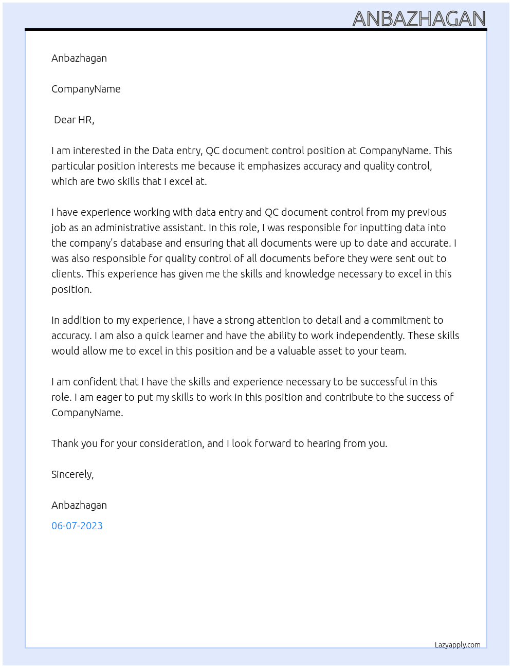 Data entry, QC document control At CompanyName Cover Letter