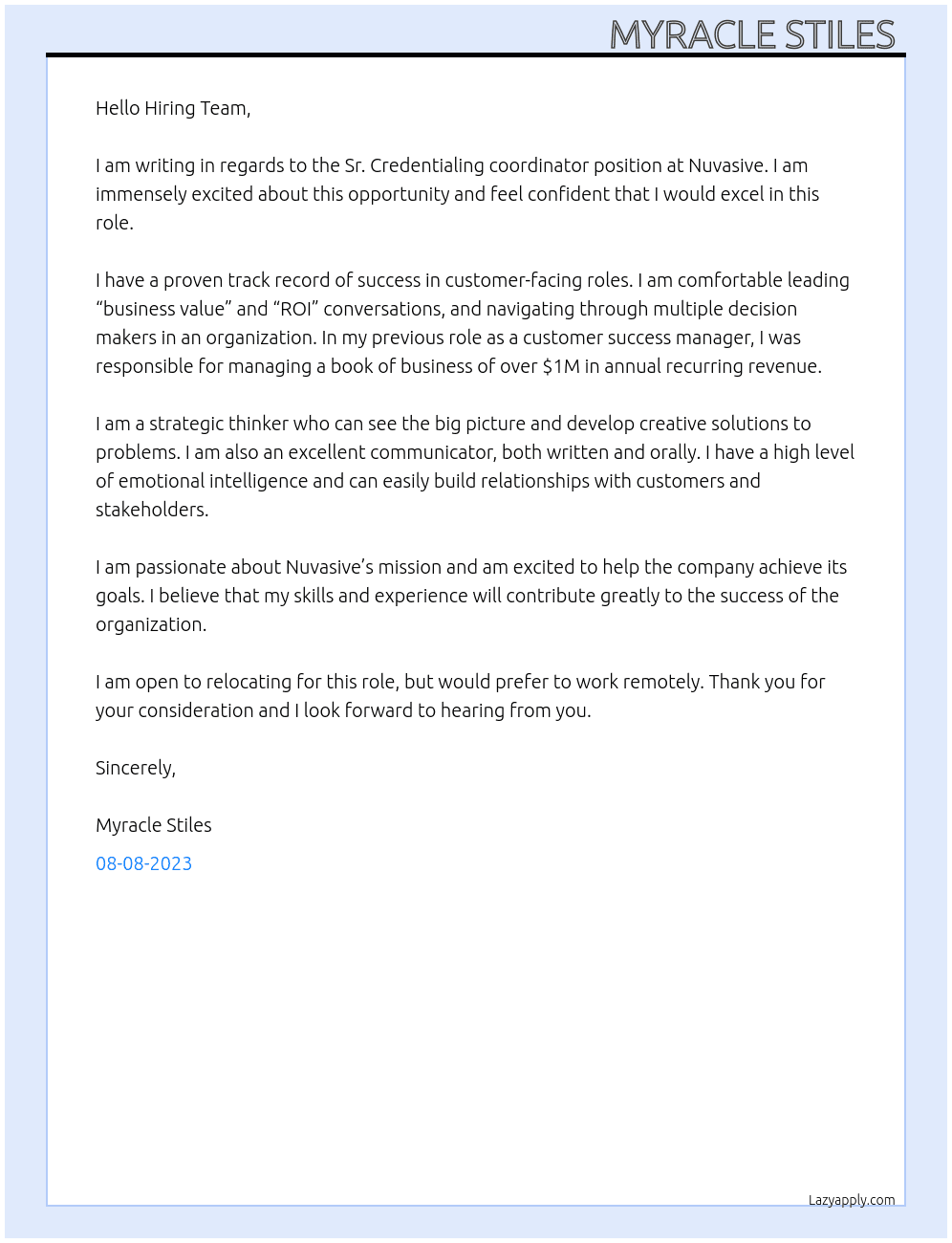 Sr. Credentialing coordinator  At Nuvasive Cover Letter