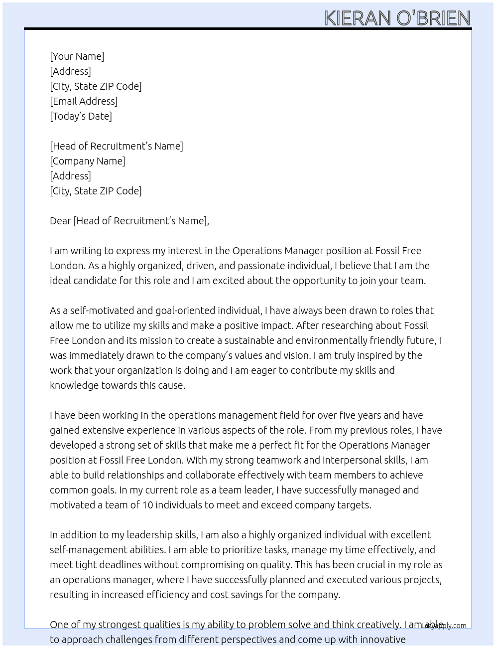 Operations Manager At Fossil Free London Cover Letter