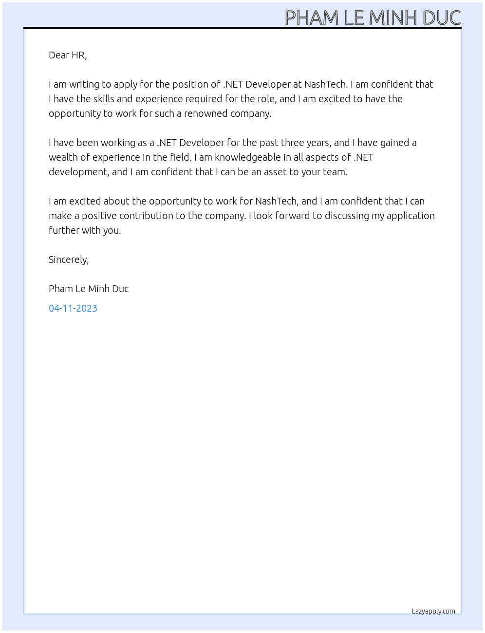 .NET Developer At NashTech Cover Letter