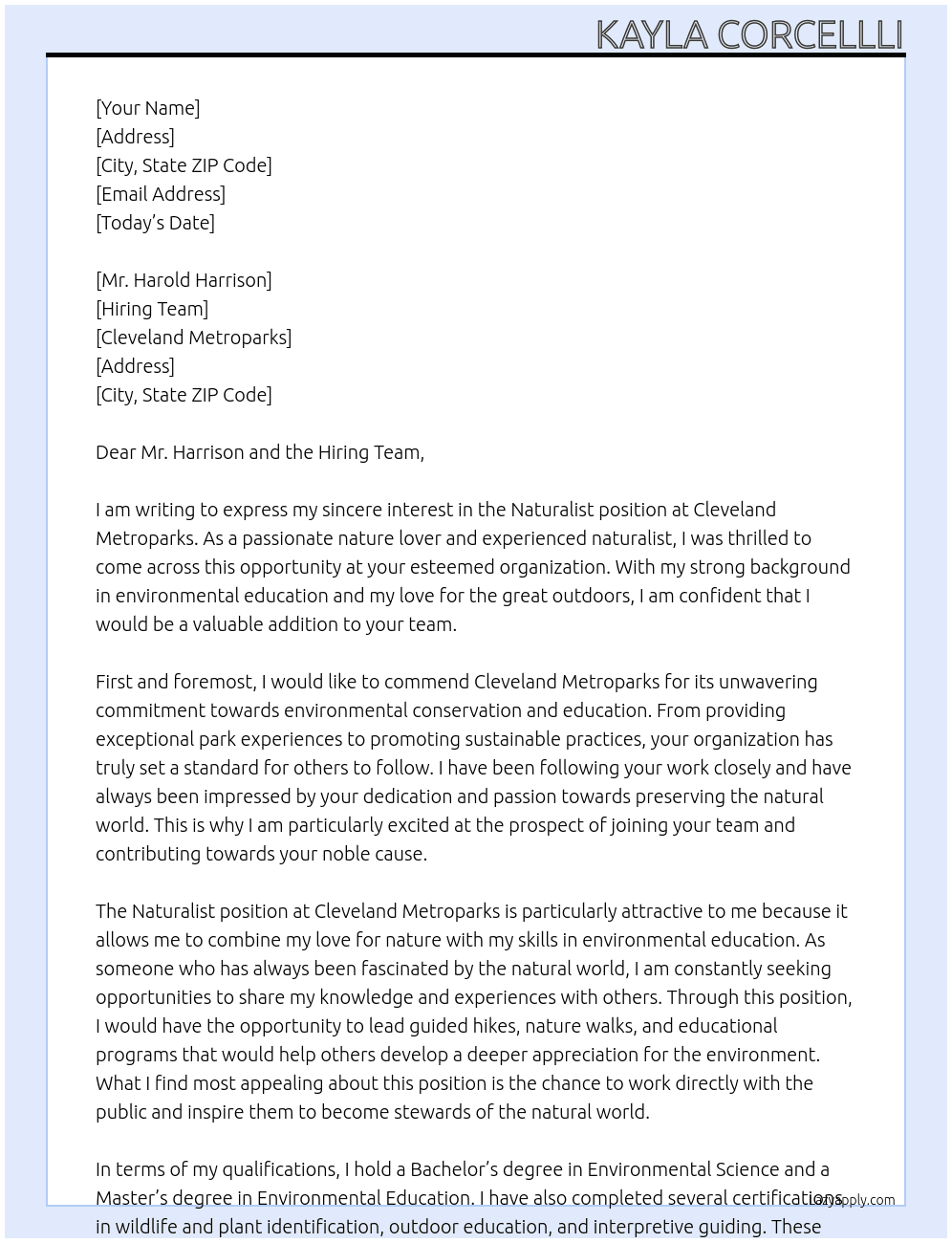 Naturalist At Cleveland Metroparks Cover Letter