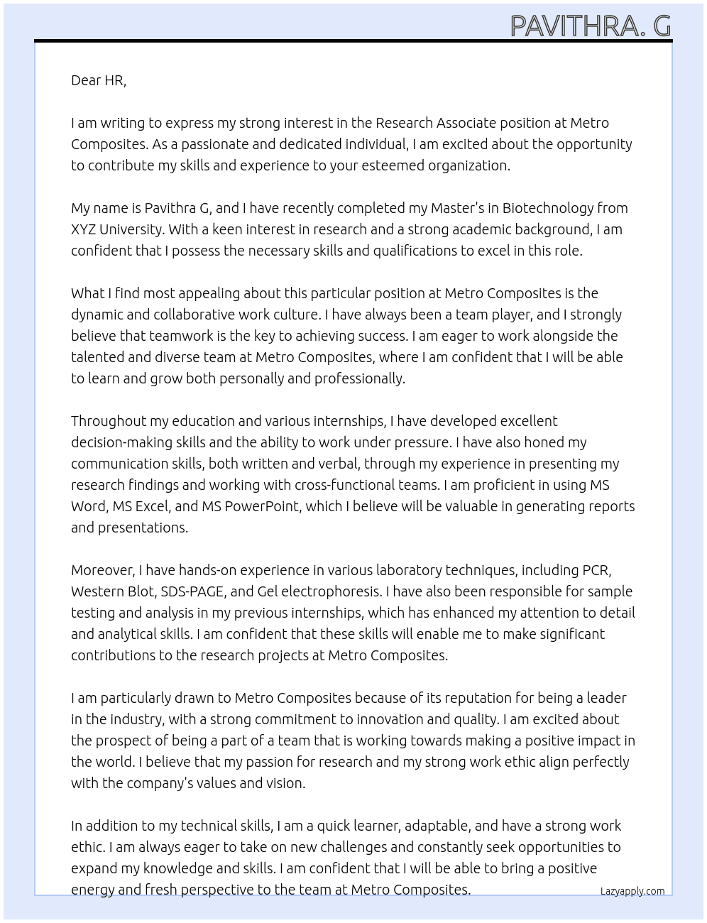 Research Associate  At Metro Composites  Cover Letter
