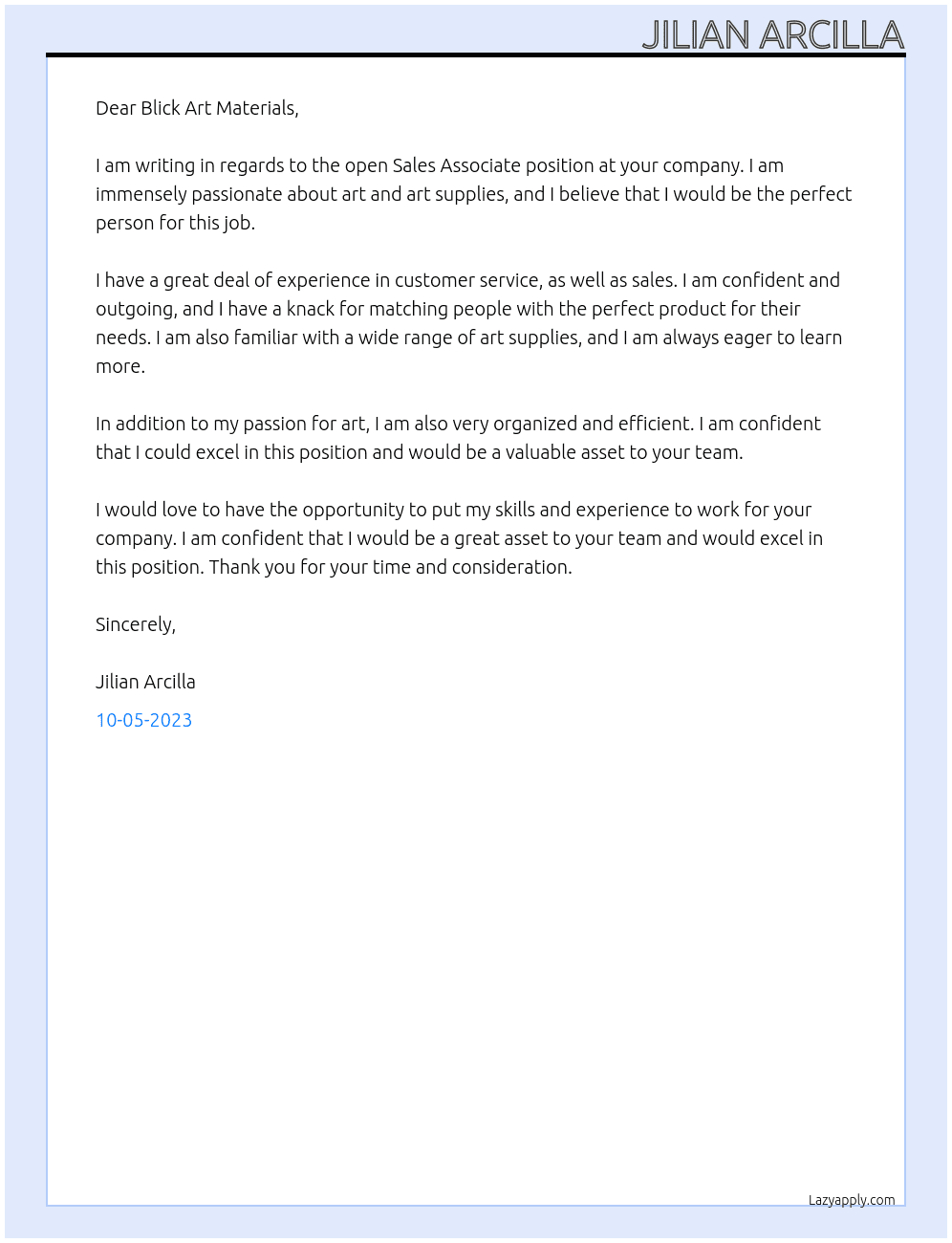 Sales Associate At Blick Cover Letter