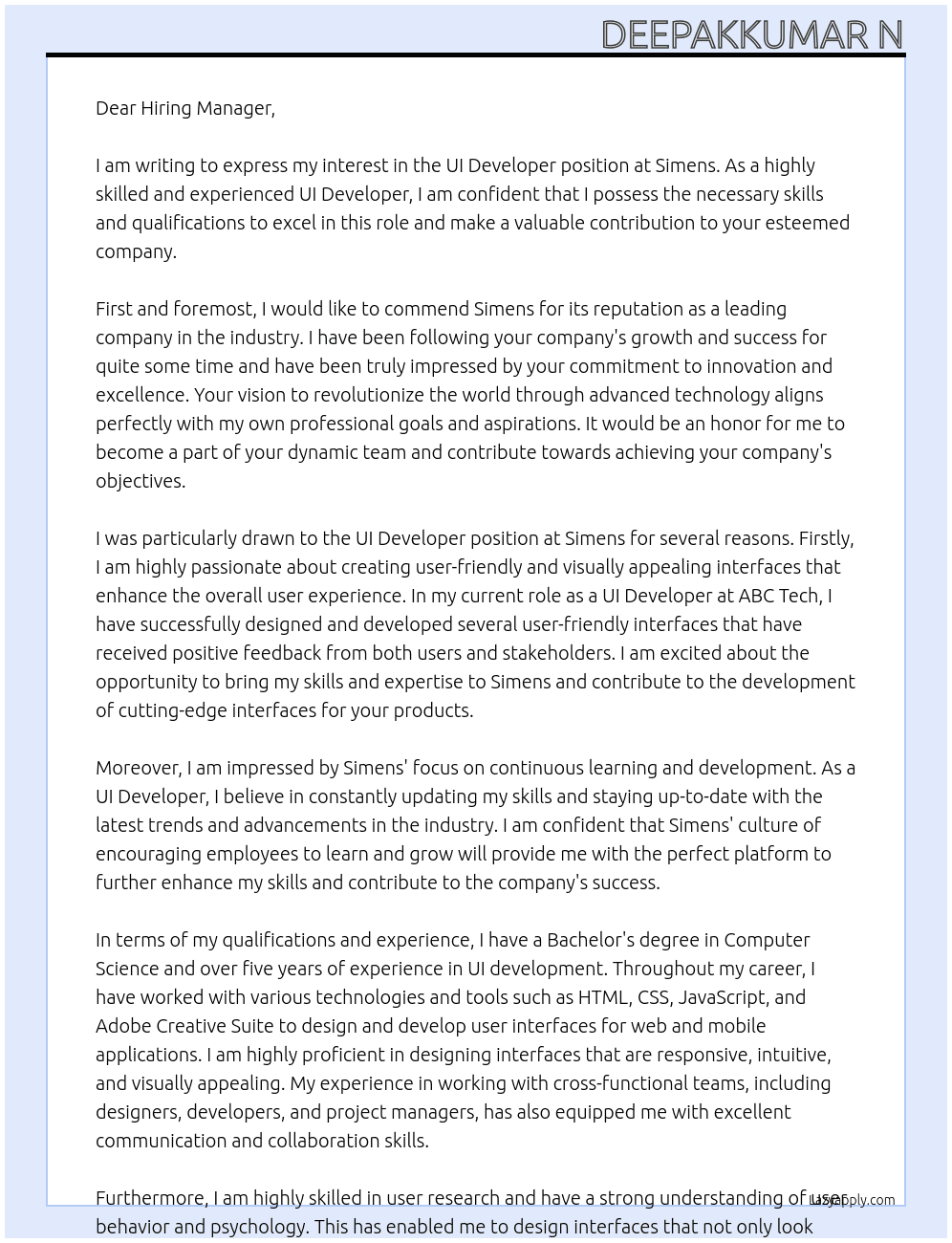 UI Developer At Simens Cover Letter