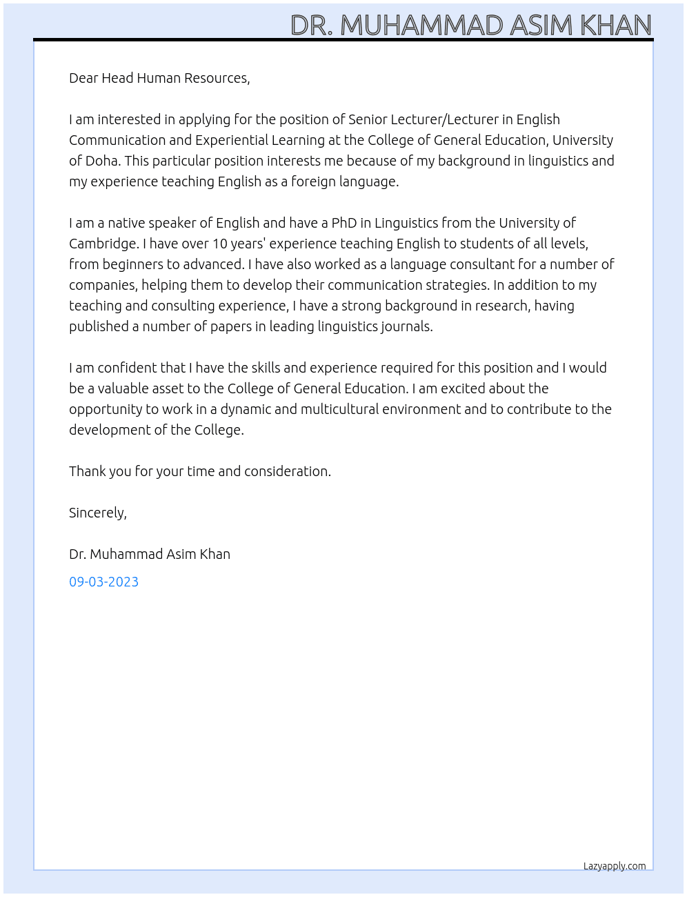 Senior Lecturer/Lecturer in English Communication and Experiential Learning At College of General Education, University of Doha Cover Letter