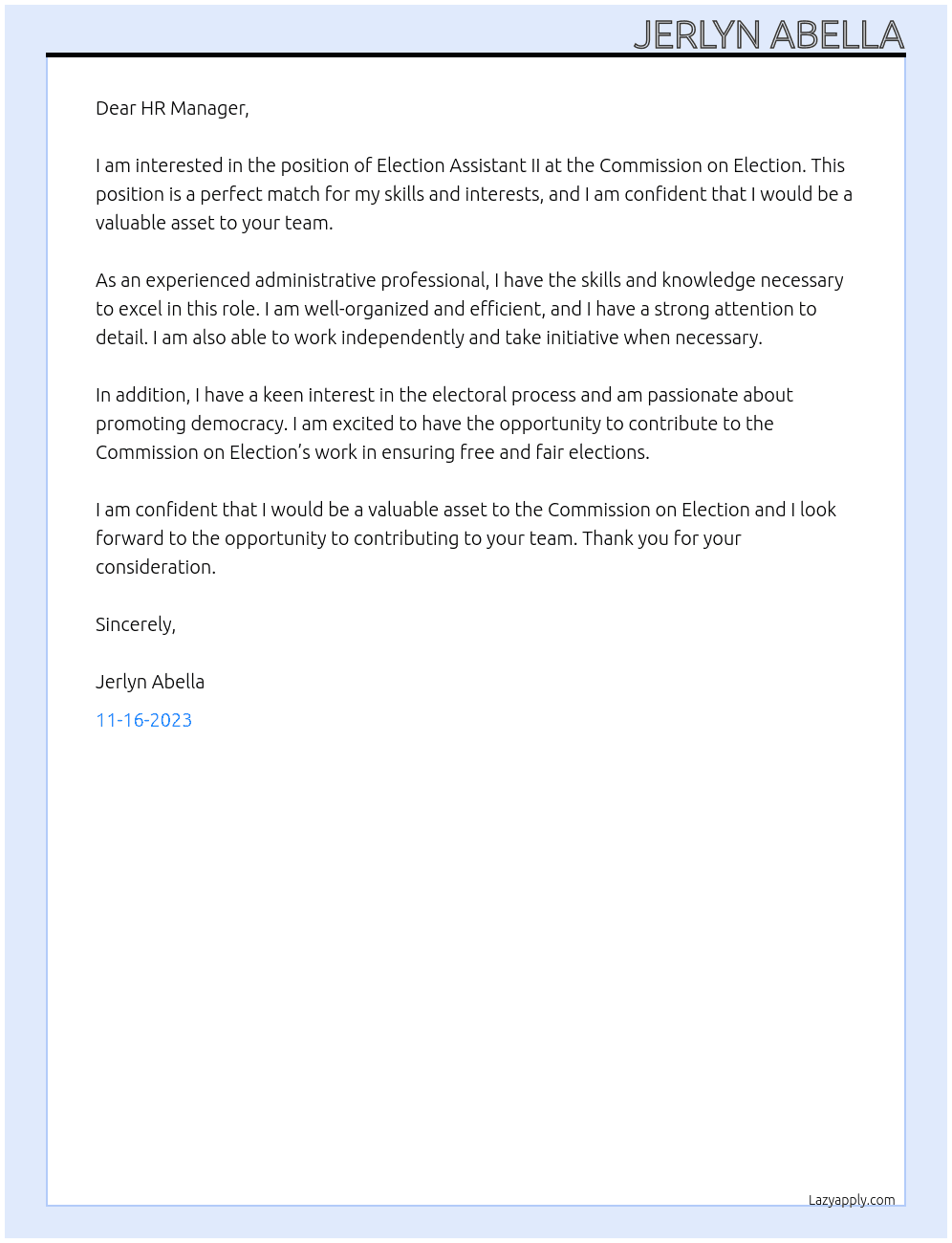 Election Assistant II At Commission on Election  Cover Letter