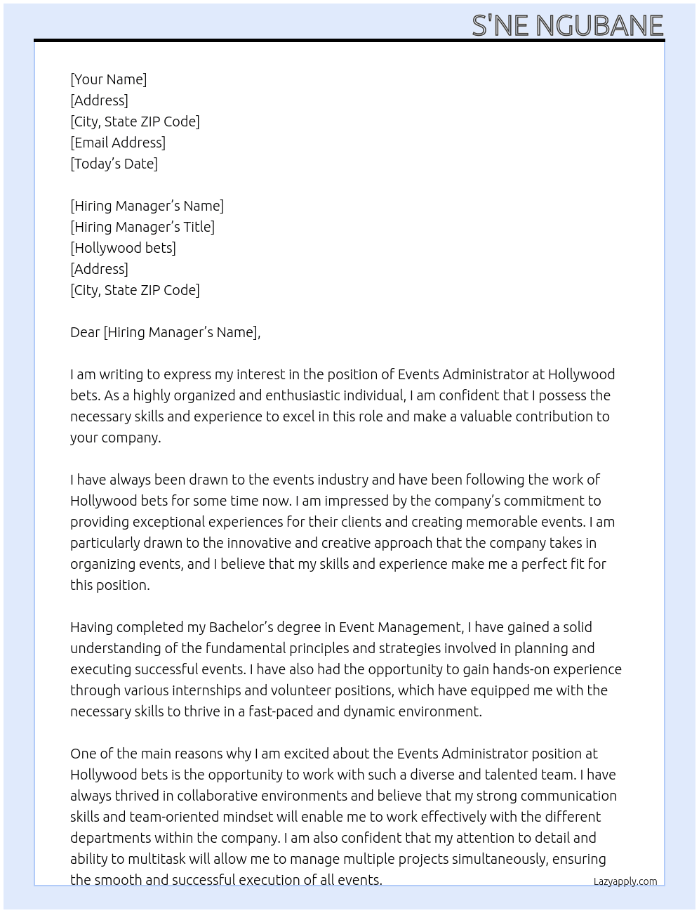 Events Administrator  At Hollywood bets Cover Letter
