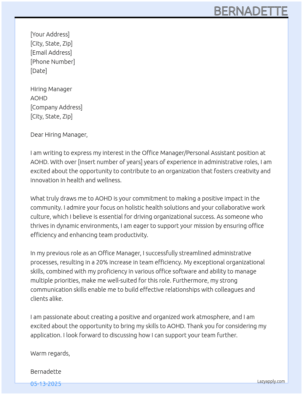 Office Manager/Personal Assistant At AOHD Cover Letter