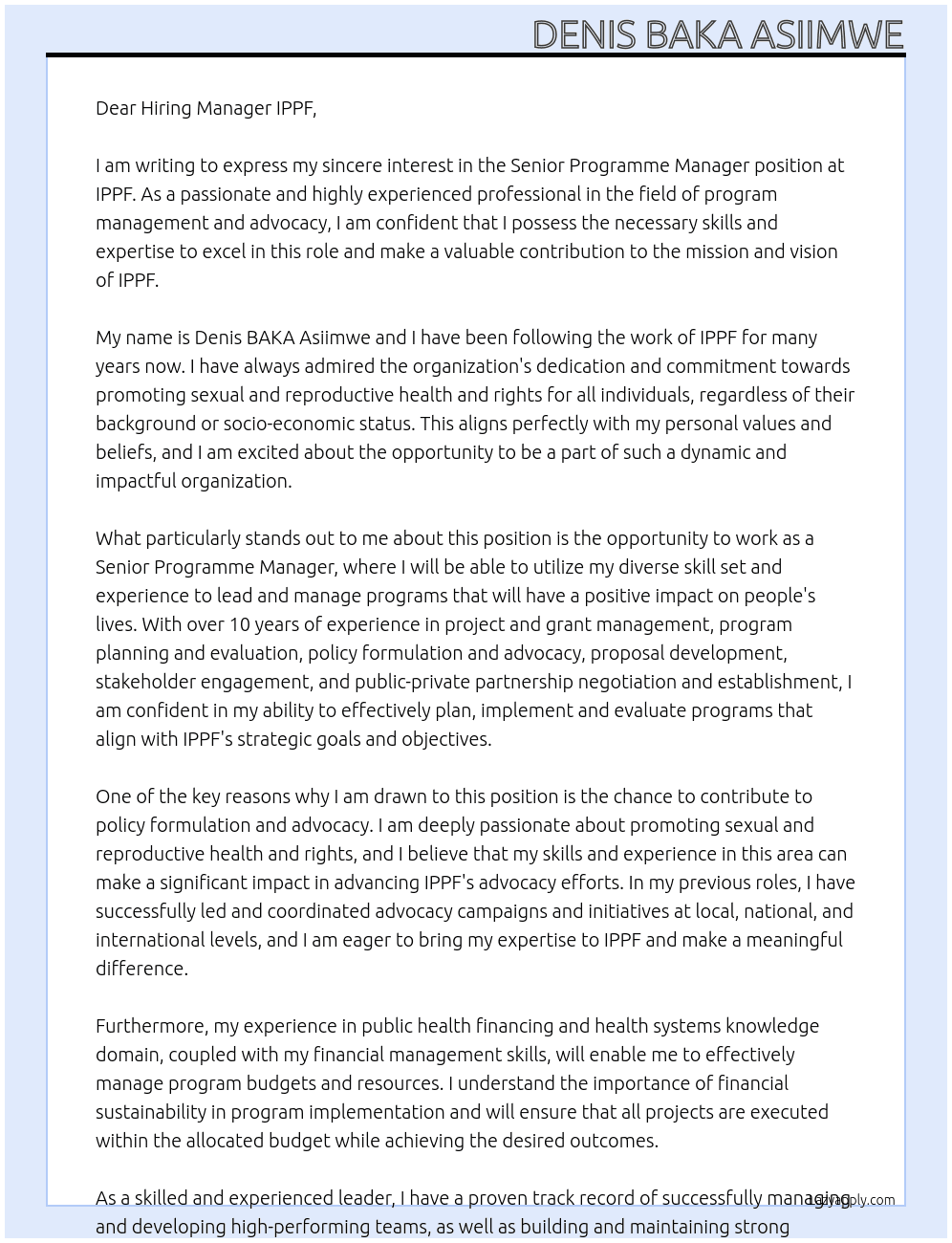 Senior Programme Manager At  IPPF Cover Letter