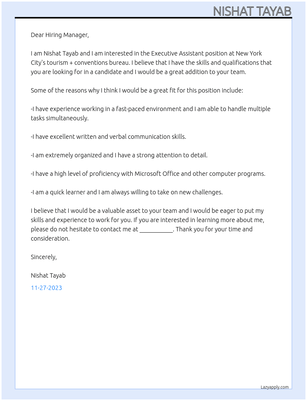 Executive Assistant At New York City's tourism + conventions bureau Cover Letter