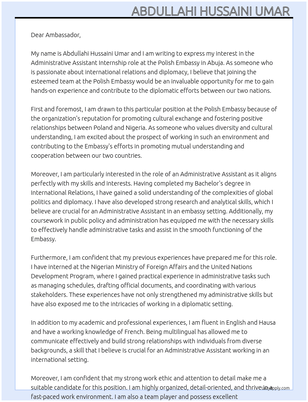 Administrative Assistant  At Polish Embassy  Cover Letter