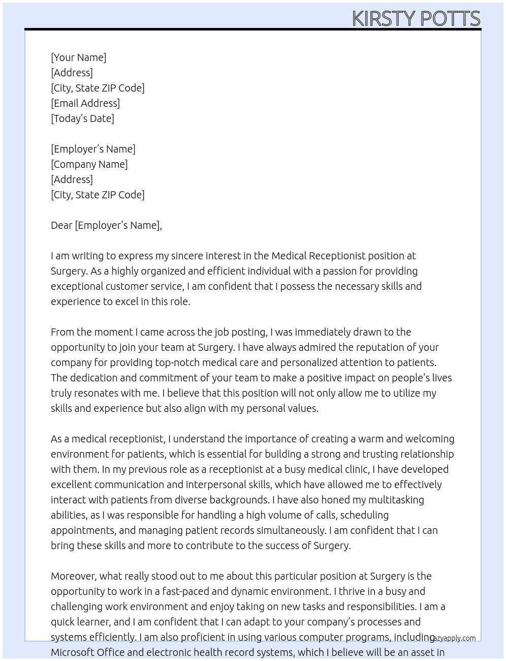 Medical Receptionist At Surgery Cover Letter