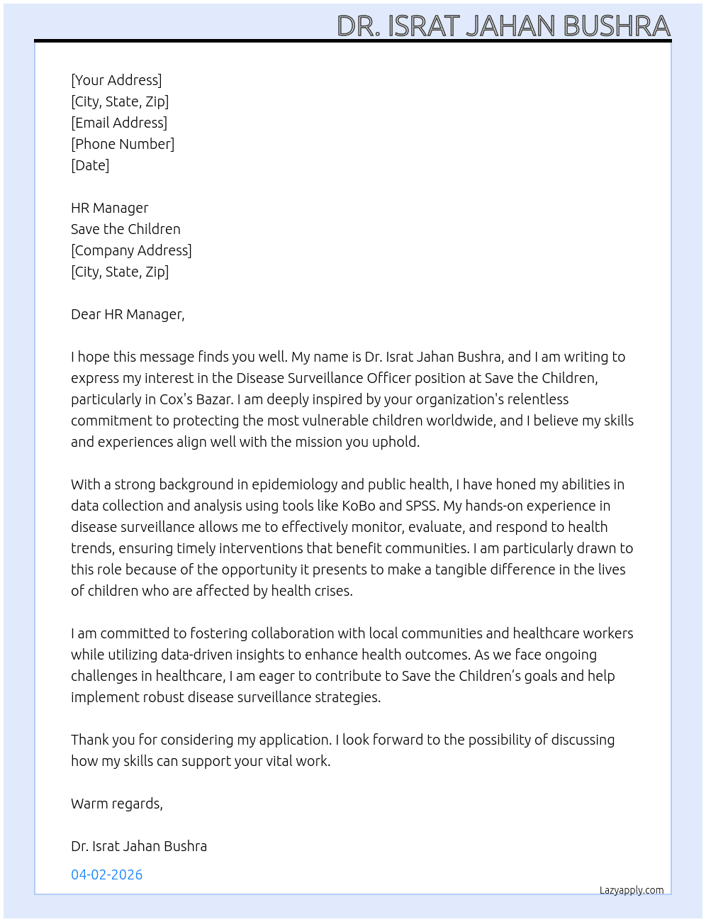 Cover letter for disease surveillance officer - LazyApply
