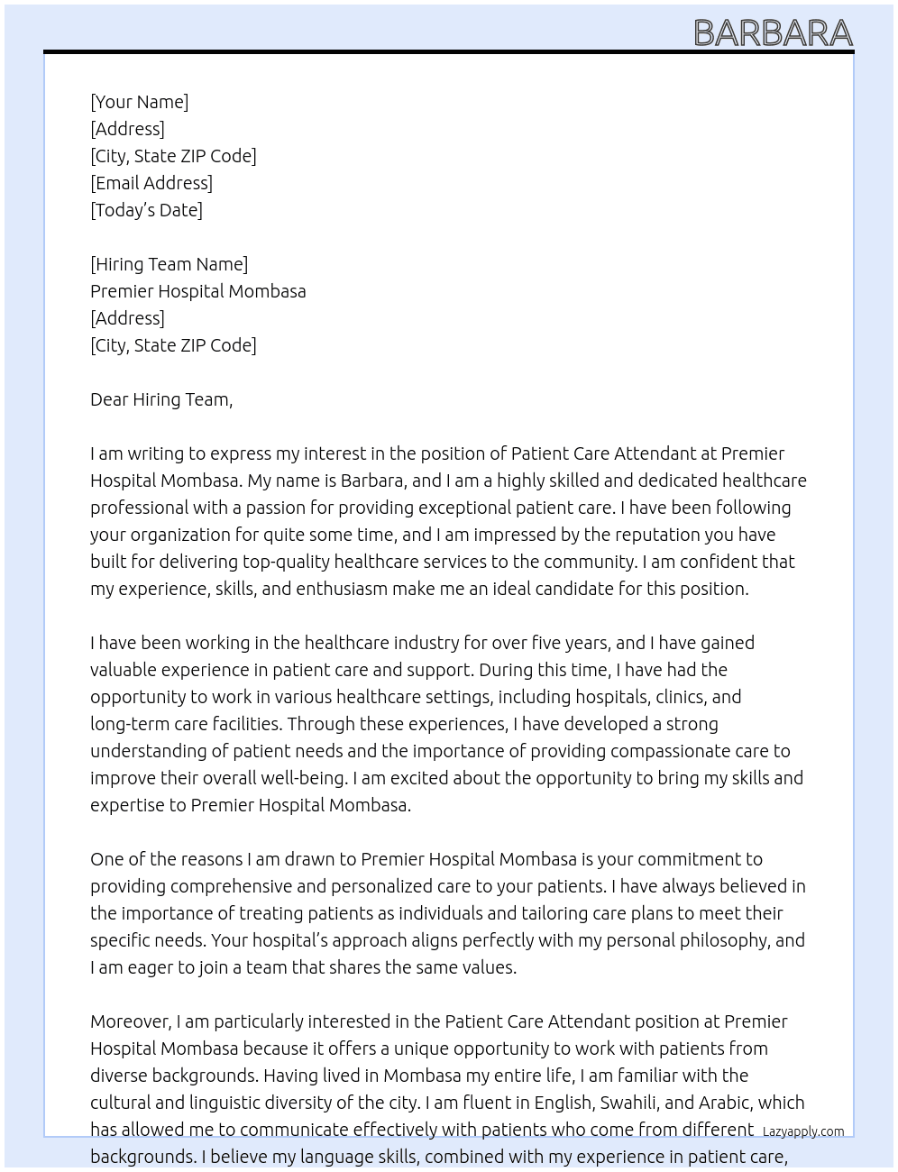 Patient care attendant At premier hospital mombasa Cover Letter